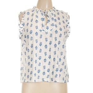 Lucky Brand Sleeveless White & Blue Floral Print Ruffle Neck Top